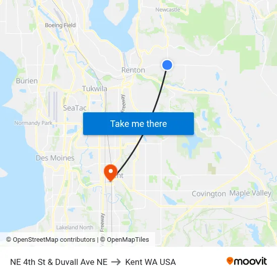 NE 4th St & Duvall Ave NE to Kent WA USA map