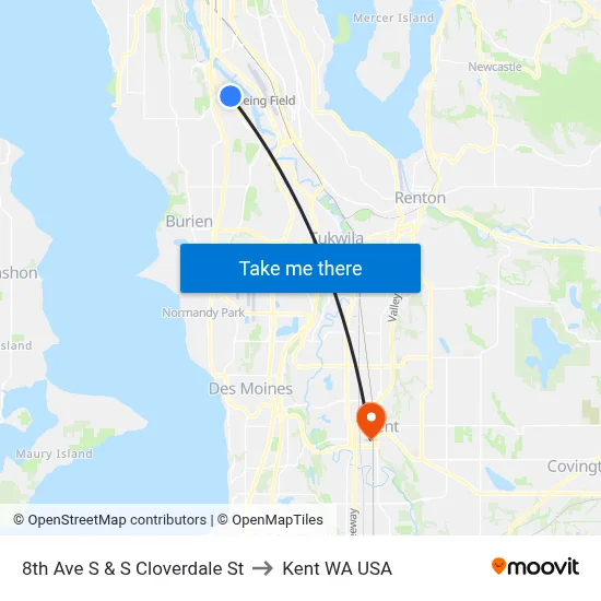 8th Ave S & S Cloverdale St to Kent WA USA map