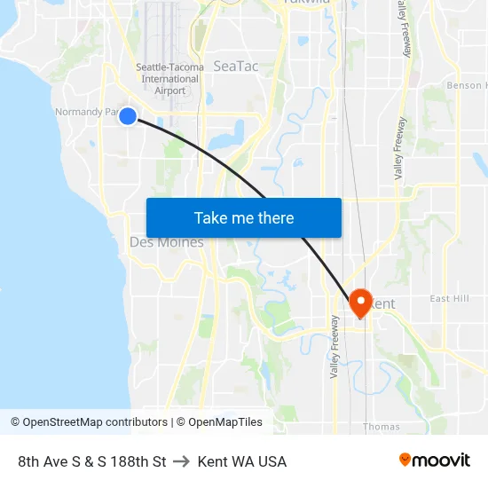 8th Ave S & S 188th St to Kent WA USA map