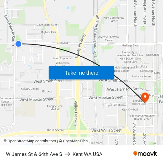 W James St & 64th Ave S to Kent WA USA map