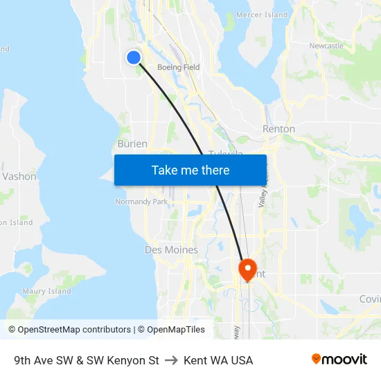 9th Ave SW & SW Kenyon St to Kent WA USA map