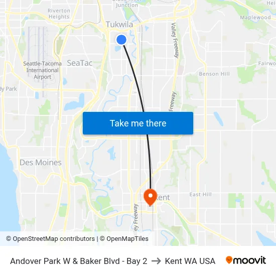 Andover Park W & Baker Blvd - Bay 2 to Kent WA USA map