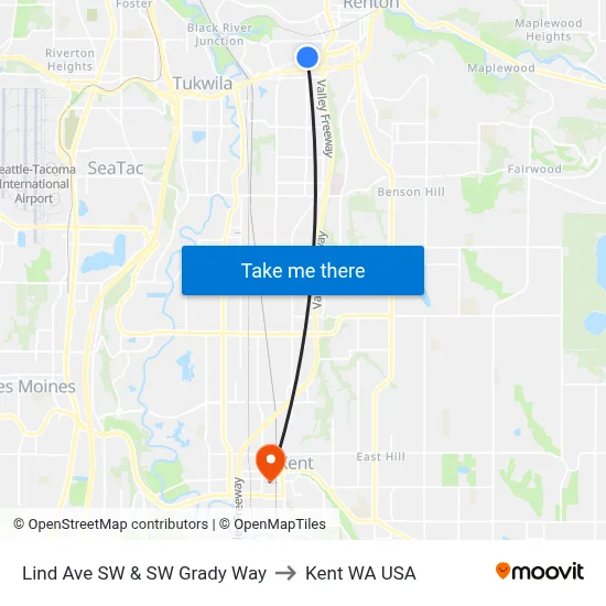 Lind Ave SW & SW Grady Way to Kent WA USA map