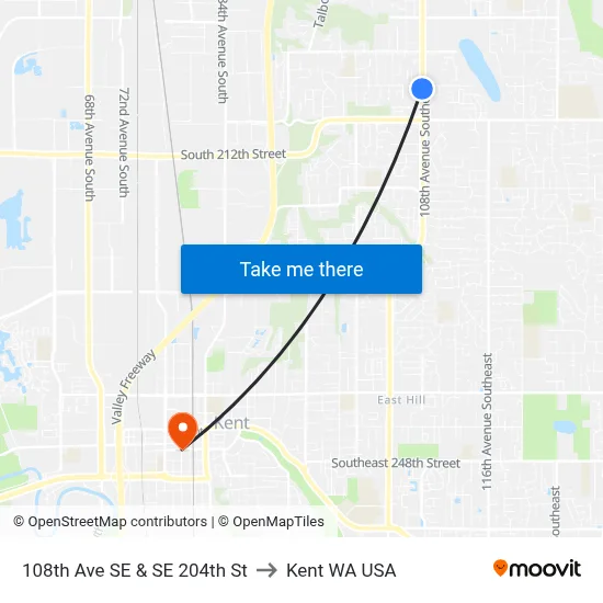 108th Ave SE & SE 204th St to Kent WA USA map