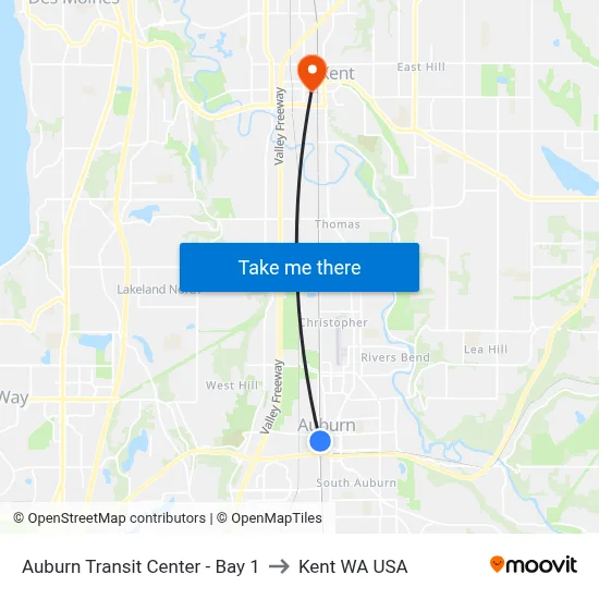 Auburn Transit Center - Bay 1 to Kent WA USA map