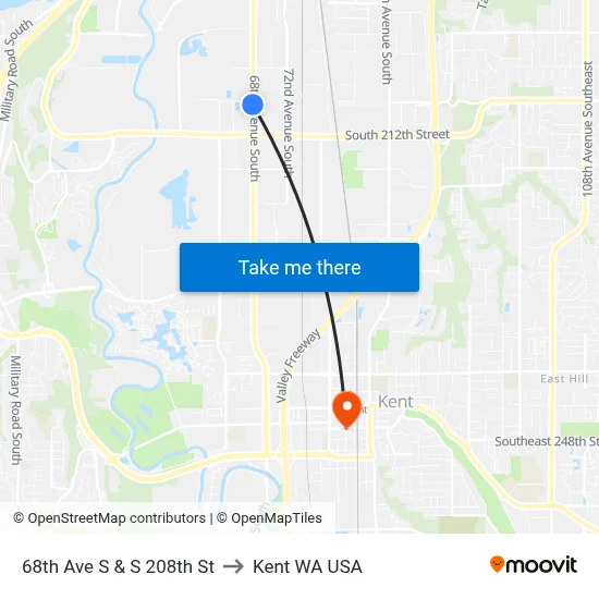 68th Ave S & S 208th St to Kent WA USA map