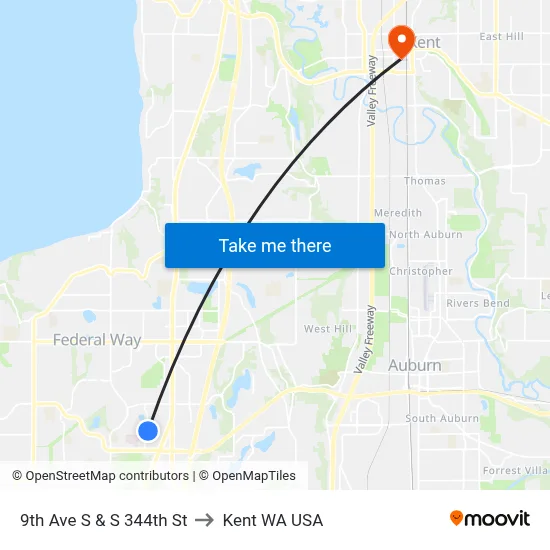 9th Ave S & S 344th St to Kent WA USA map
