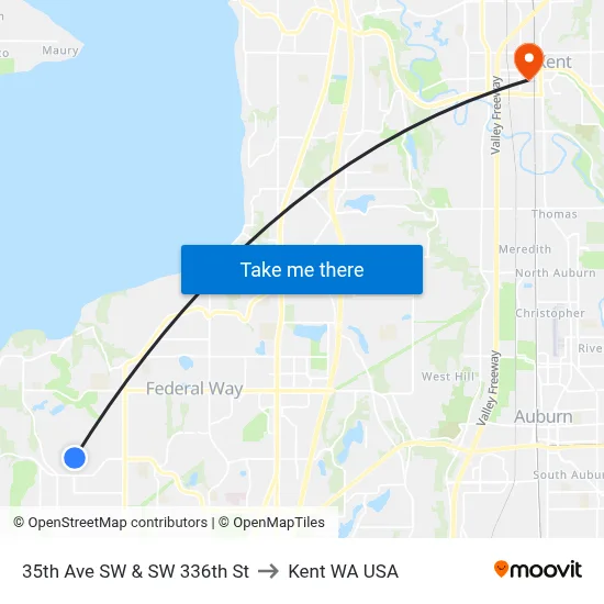 35th Ave SW & SW 336th St to Kent WA USA map