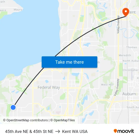 45th Ave NE & 45th St NE to Kent WA USA map
