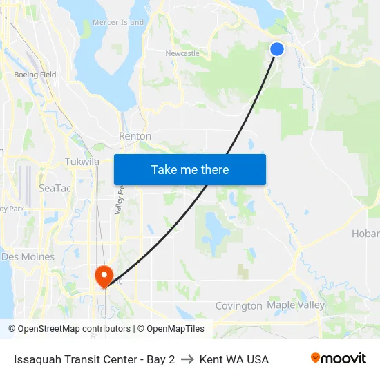 Issaquah Transit Center - Bay 2 to Kent WA USA map