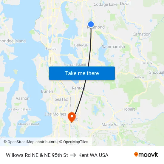 Willows Rd NE & NE 95th St to Kent WA USA map