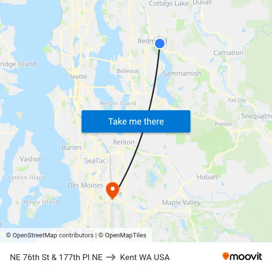 NE 76th St & 177th Pl NE to Kent WA USA map