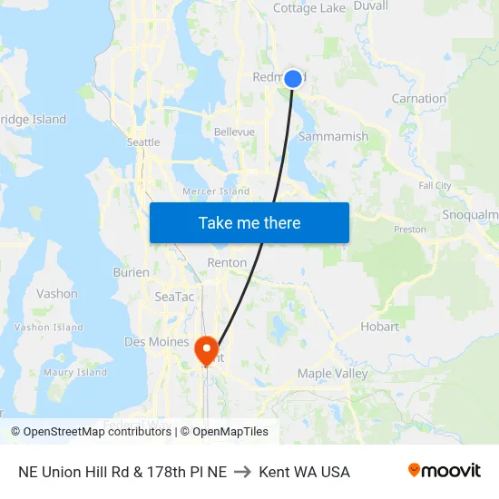 NE Union Hill Rd & 178th Pl NE to Kent WA USA map
