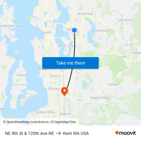 NE 8th St & 120th Ave NE to Kent WA USA map