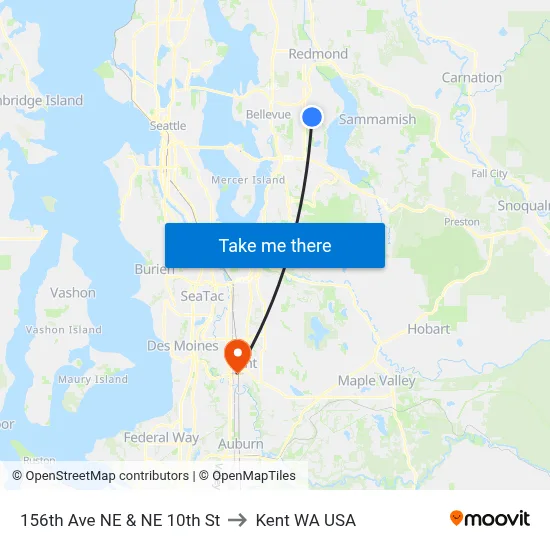 156th Ave NE & NE 10th St to Kent WA USA map