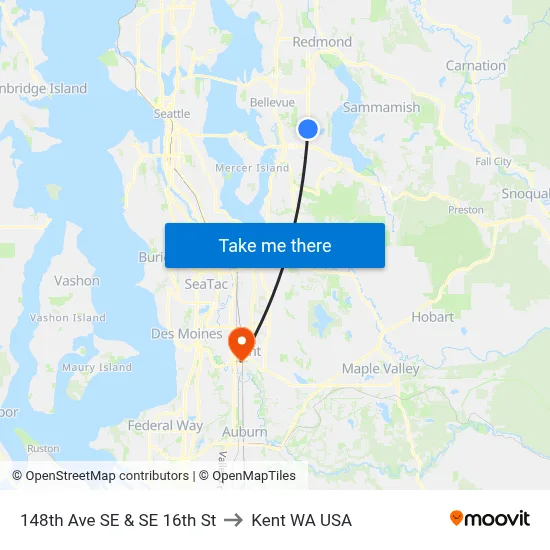 148th Ave SE & SE 16th St to Kent WA USA map