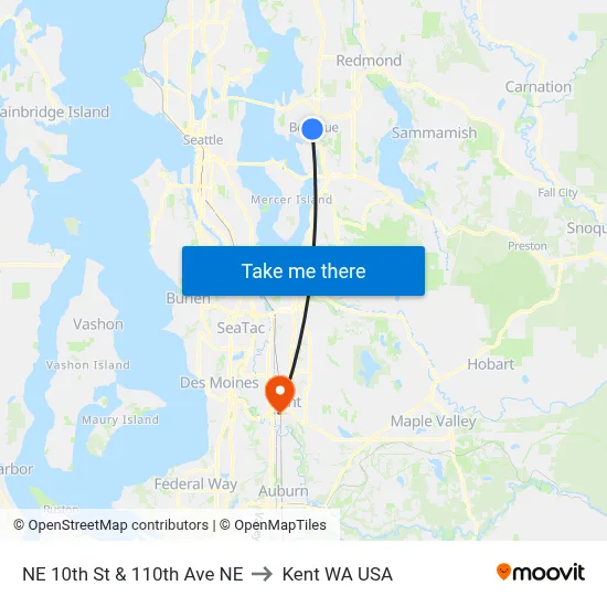 NE 10th St & 110th Ave NE to Kent WA USA map