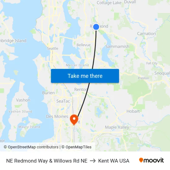 NE Redmond Way & Willows Rd NE to Kent WA USA map