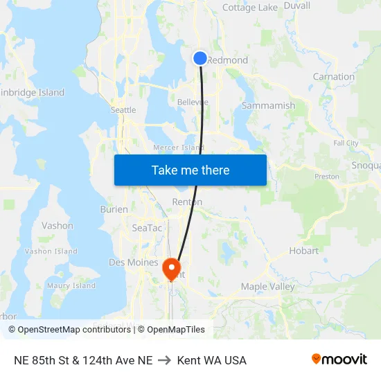 NE 85th St & 124th Ave NE to Kent WA USA map