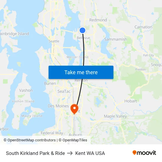 South Kirkland Park & Ride to Kent WA USA map