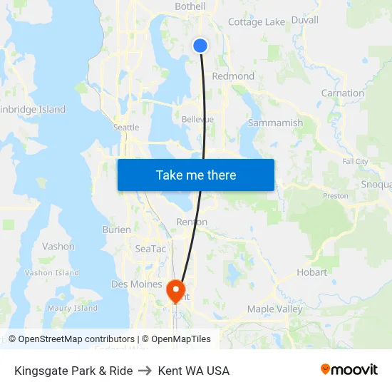 Kingsgate Park & Ride to Kent WA USA map
