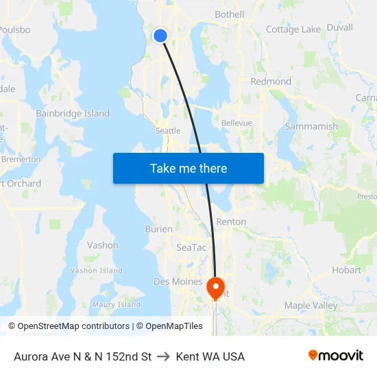 Aurora Ave N & N 152nd St to Kent WA USA map