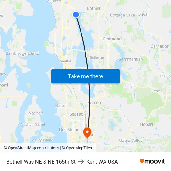 Bothell Way NE & NE 165th St to Kent WA USA map