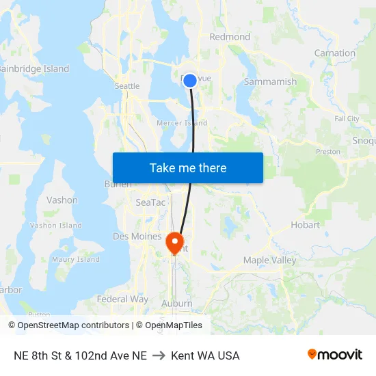 NE 8th St & 102nd Ave NE to Kent WA USA map