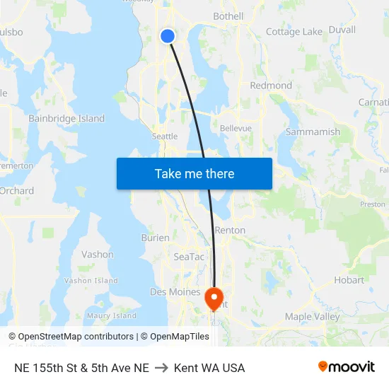 NE 155th St & 5th Ave NE to Kent WA USA map