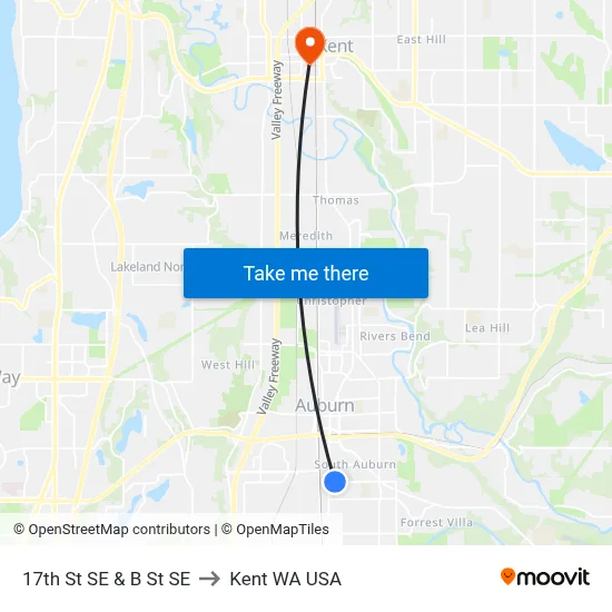 17th St SE & B St SE to Kent WA USA map