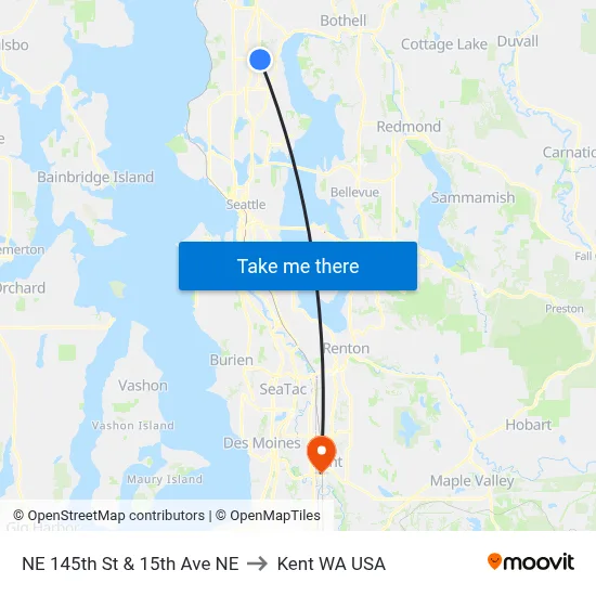 NE 145th St & 15th Ave NE to Kent WA USA map