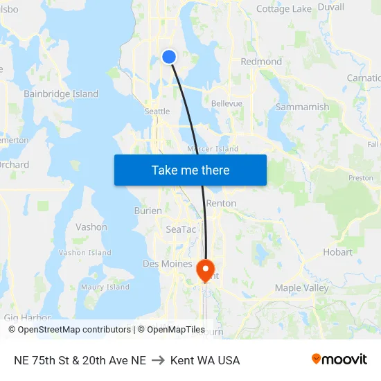 NE 75th St & 20th Ave NE to Kent WA USA map