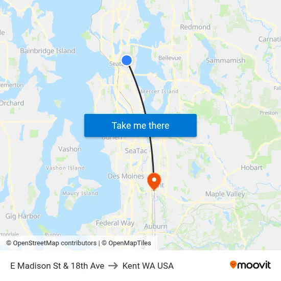 E Madison St & 18th Ave to Kent WA USA map