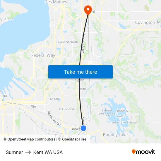 Sumner to Kent WA USA map