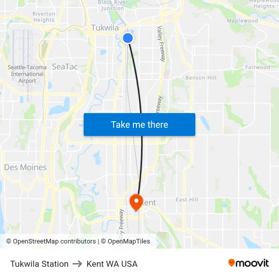 Tukwila Station to Kent WA USA map