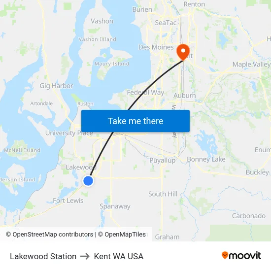 Lakewood Station to Kent WA USA map