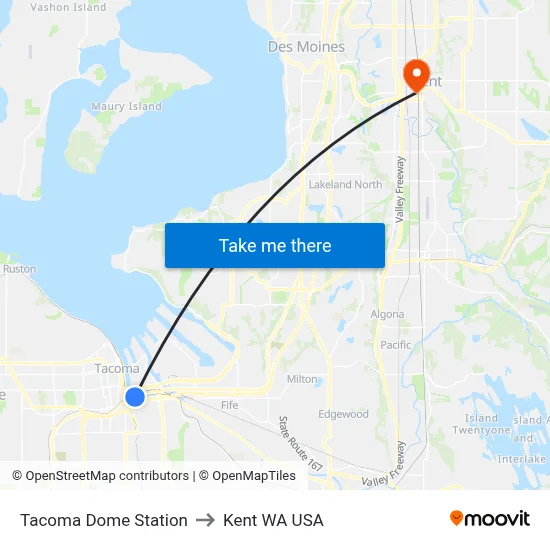 Tacoma Dome Station to Kent WA USA map