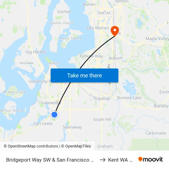 Bridgeport Way SW & San Francisco Ave SW to Kent WA USA map