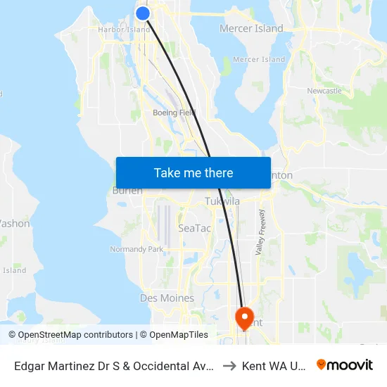 Edgar Martinez Dr S & Occidental Ave S to Kent WA USA map