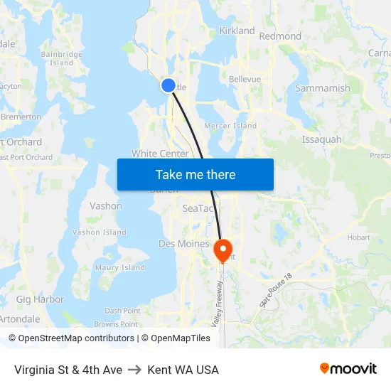 Virginia St & 4th Ave to Kent WA USA map