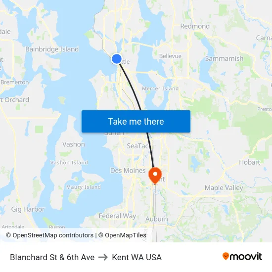 Blanchard St & 6th Ave to Kent WA USA map