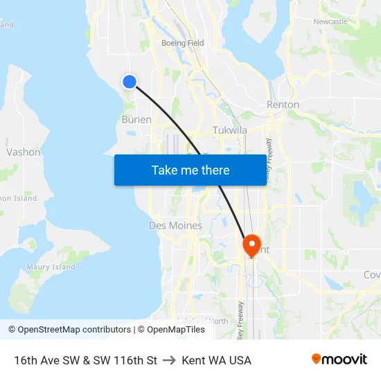 16th Ave SW & SW 116th St to Kent WA USA map