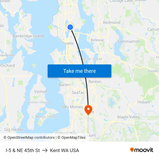 I-5 & NE 45th St to Kent WA USA map