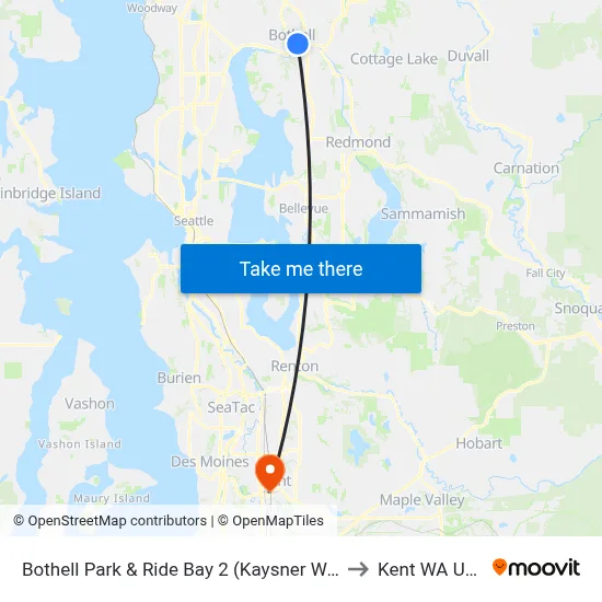 Bothell Park & Ride Bay 2 (Kaysner Way) to Kent WA USA map