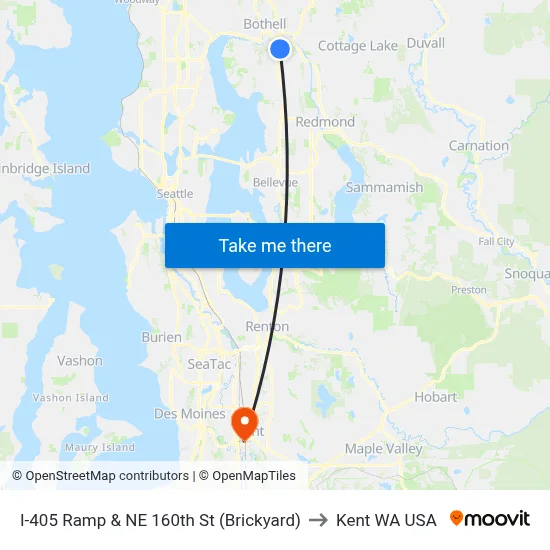 I-405 Ramp & NE 160th St (Brickyard) to Kent WA USA map