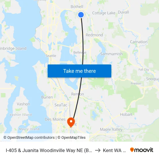 I-405 & Juanita Woodinville Way NE (Brickyard) to Kent WA USA map