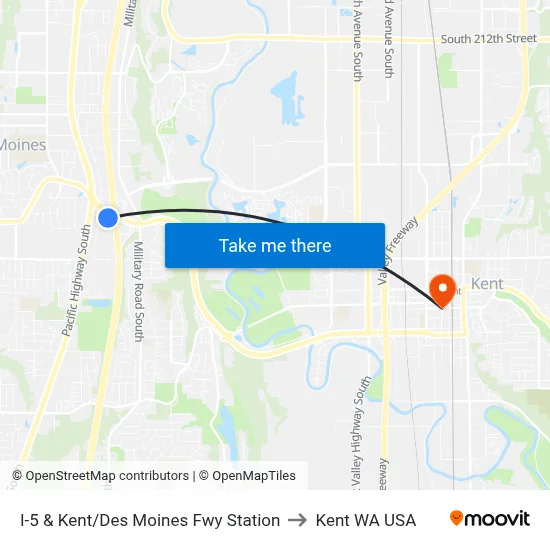 I-5 & Kent/Des Moines Fwy Station to Kent WA USA map