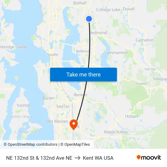 NE 132nd St & 132nd Ave NE to Kent WA USA map
