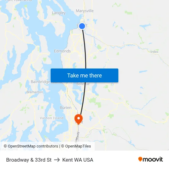 Broadway & 33rd St to Kent WA USA map