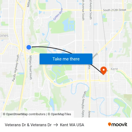 Veterans Dr & Veterans Dr to Kent WA USA map
